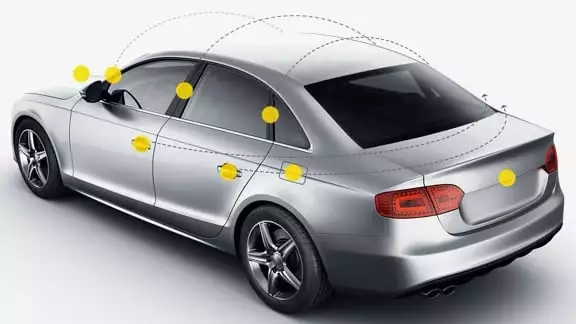 Auto, auf dem grafisch dargestellt ist, welche Stellen außen desinfiziert werden