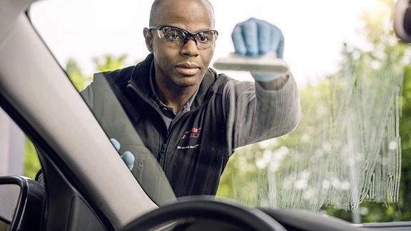 Monteur trägt Protect auf Scheibe auf