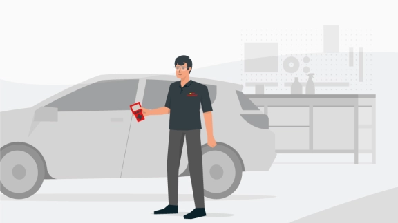 Illustration eines Monteurs in der Werkstatt, der eine Messung an einem Fahrzeug durchführt.