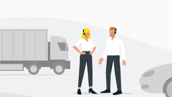 Illustration eines Mannes und einer Frau, die ein Headset tragen.