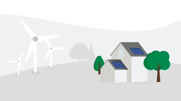 Illustration von Windrädern und Häusern mit Solaranlagen in einer grünen Landschaft.