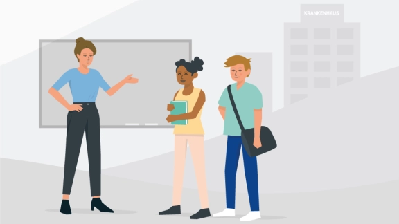 Illustration einer Mitarbeiterin, die zwei Auszubildenden etwas zeigt.